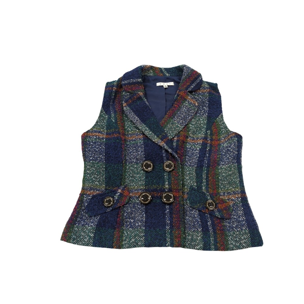 CAbi Vest M Blue Wool Blue Tweed Double Breasted  Plaid Academia Tailored Office